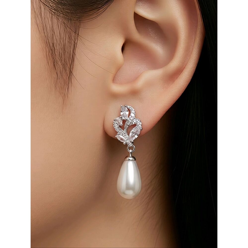 Silver CZ Pearl Drop Earrings Bridal Wedding Formal Old Money Quiet Luxury Glam